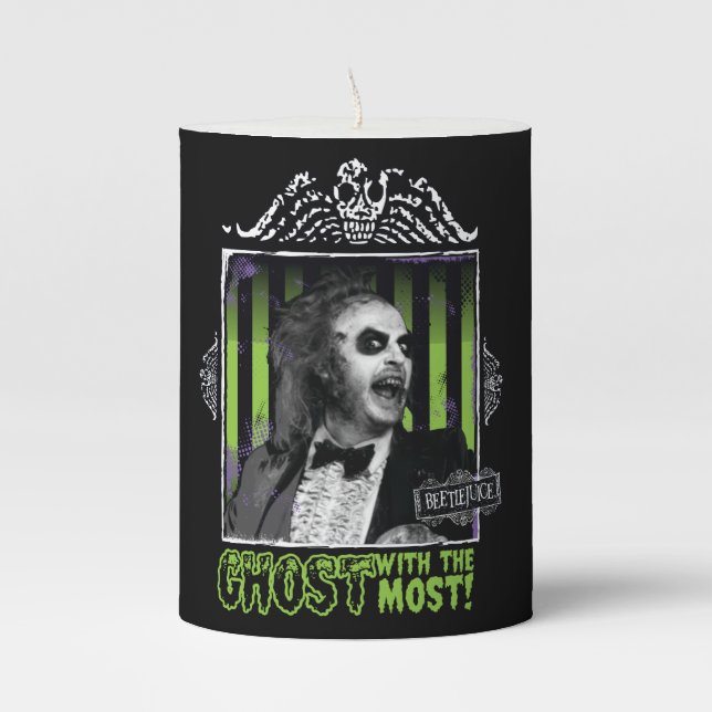 Beetlejuice | "Ghost With The Most" Portrait Pillar Candle (Front)