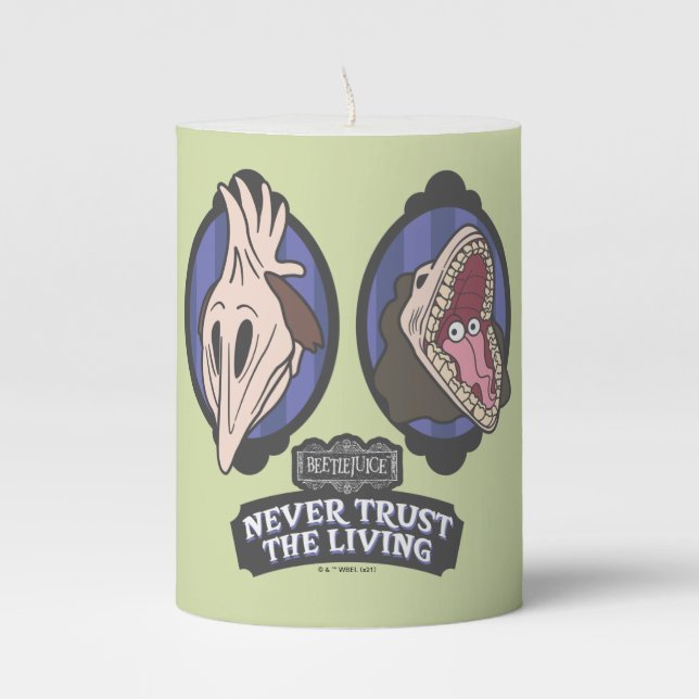 Beetlejuice | Maitlands "Never Trust The Living" Pillar Candle (Front)