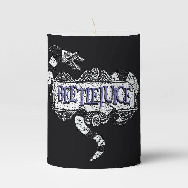 Beetlejuice | Sandworm Coiled on Beetlejuice Logo Pillar Candle (Front)