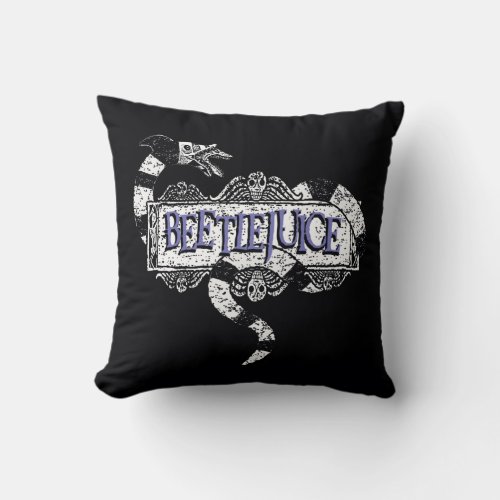 Beetlejuice  Sandworm Coiled on Beetlejuice Logo Throw Pillow