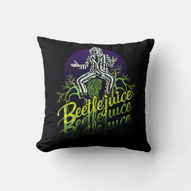 Beetlejuice | Sitting on a Tombstone Throw Pillow (Front)