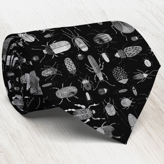 Beetles and Bugs Black Neck Tie (Watercolor bugs and beetles art tie)