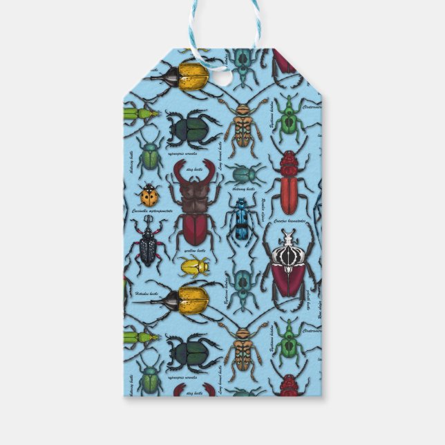 Beetles on blue gift tags (Front)