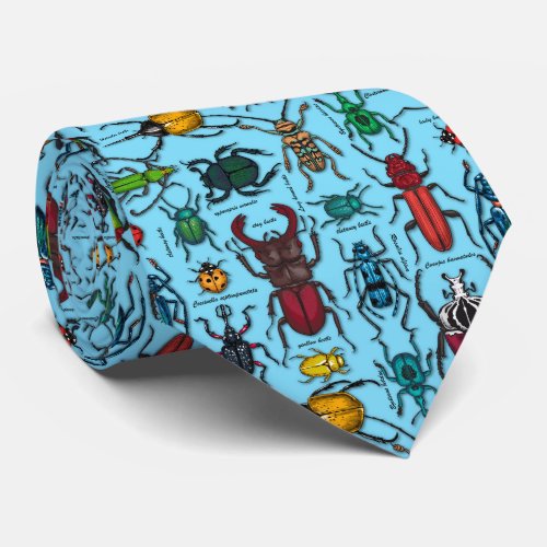 Beetles on blue neck tie