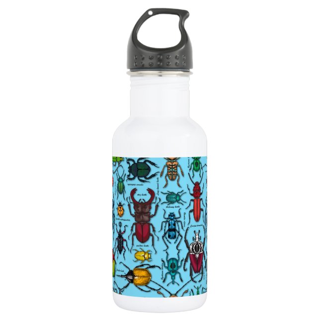 Beetles on blue stainless steel water bottle (Front)