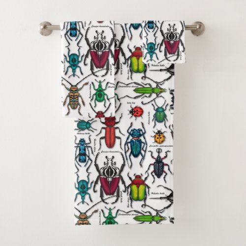 Beetles on white bath towel set