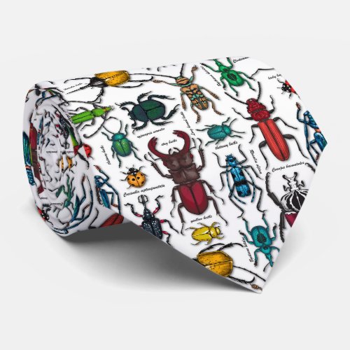 Beetles on white neck tie