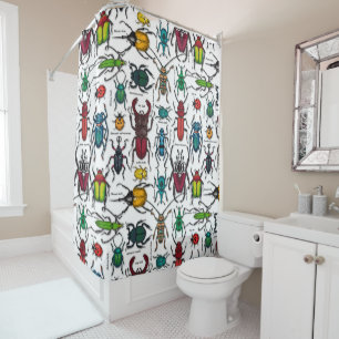 Beetles on white shower curtain