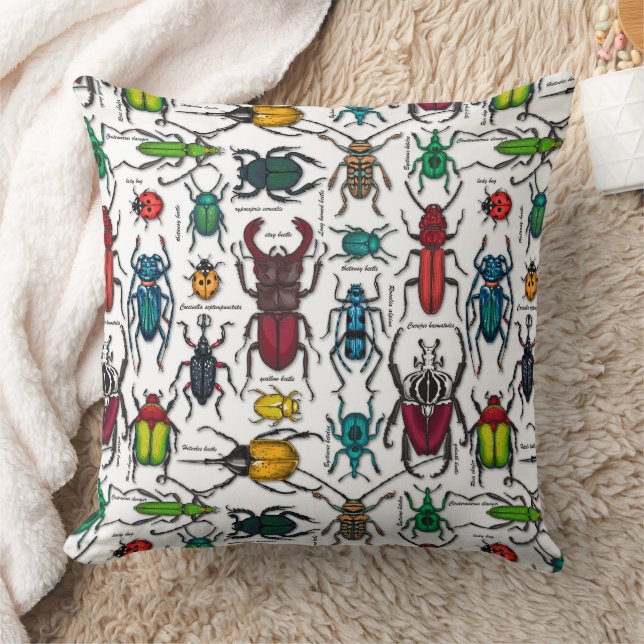 Beetles on white throw pillow (Blanket)