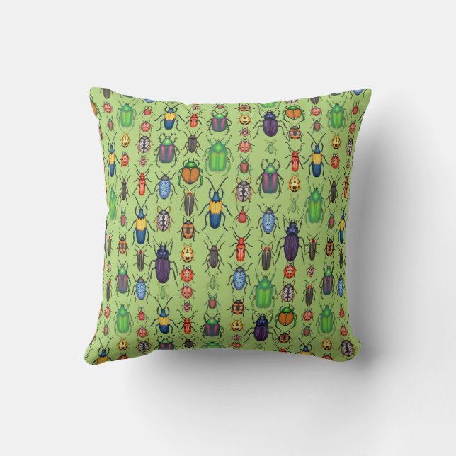 beetles variety on green throw pillow (Back)
