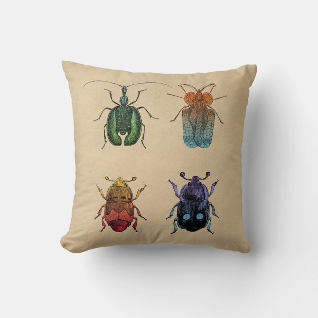Beetles Vintage Illustration Throw Pillow (Front)