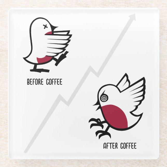 Before & After Coffee Zombie to Frenzy Funny Robin Glass Coaster (Front)
