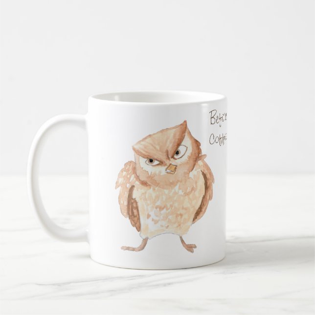 Before and After Coffee Angry Owl Watercolor Mug (Left)