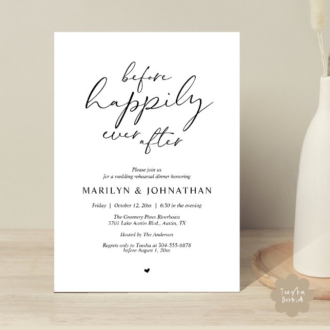 Before Happily Ever After, Romantic Rehearsal Invitation (Before Happily Ever After, Modern Romantic Rehearsal Dinner Invitation Card in Black White)