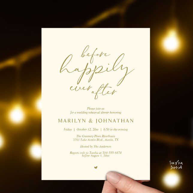 Before Happily Ever After, Romantic Rehearsal Invitation (Before Happily Ever After, Modern Romantic Rehearsal Dinner Invitation Card in Yellow Gold Cream)