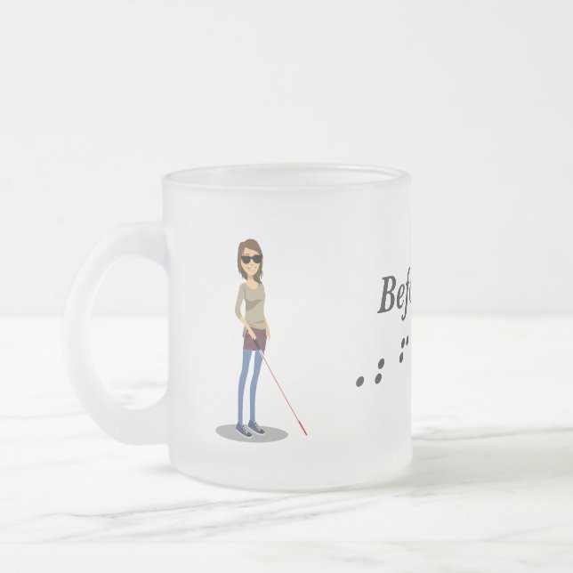 Before IEP Coffee Bug with printed Braille Frosted Glass Coffee Mug (Left)