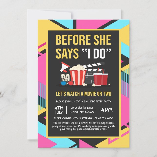 Before She Says I Do Bachelorette Movie Night Invitation (Front)