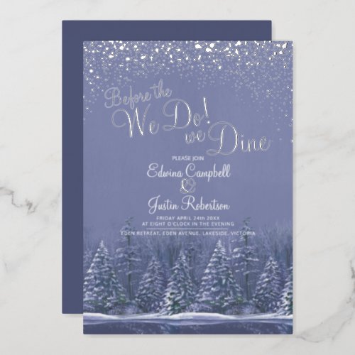Before the we do winter wedding trees lake blue  foil invitation