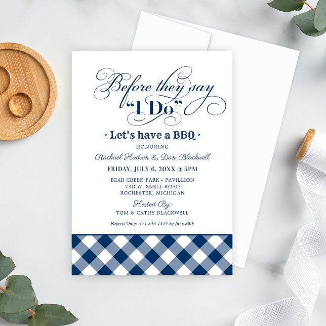 Before They Say I Do BBQ Navy Gingham Invitation (Creator Uploaded)