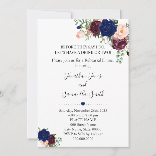 Before they say I do navy floral rehearsal dinner Invitation (Front)