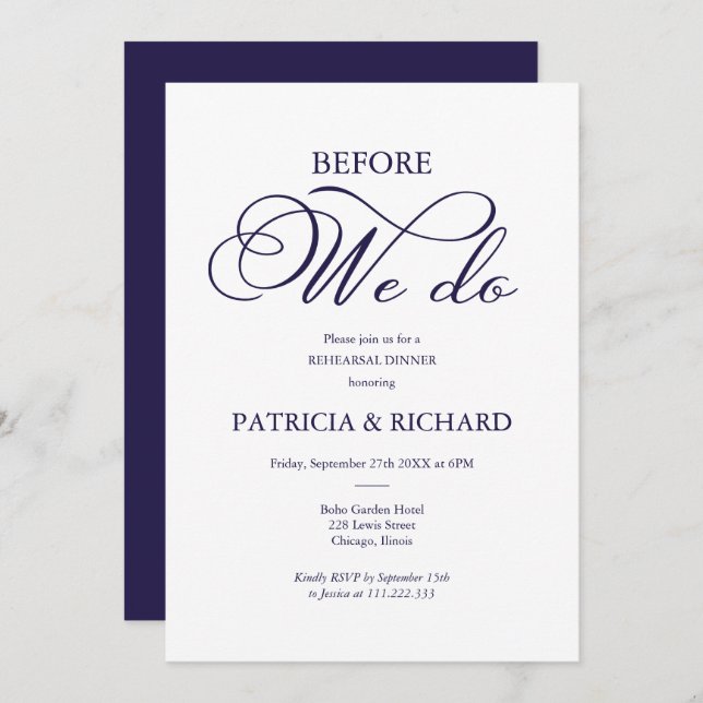 Before We Do Navy Blue Script Rehearsal Dinner Invitation (Front/Back)