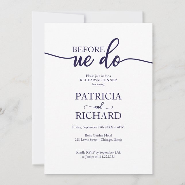 Before We Do Navy Blue White Rehearsal Dinner Invitation (Front)