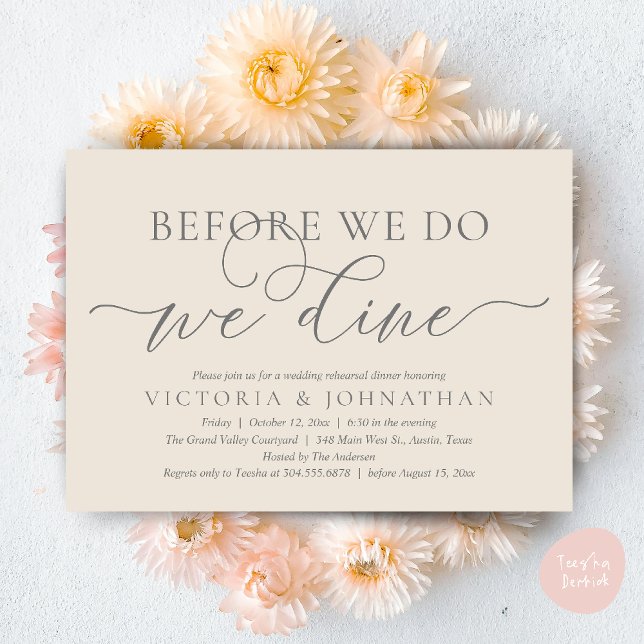 Before We Do, We Dine, Wedding Rehearsal Dinner Invitation (Before We Do, We Dine,  Wedding Rehearsal Dinner Party Classy Romantic Invites Card PDF Cream Grey)