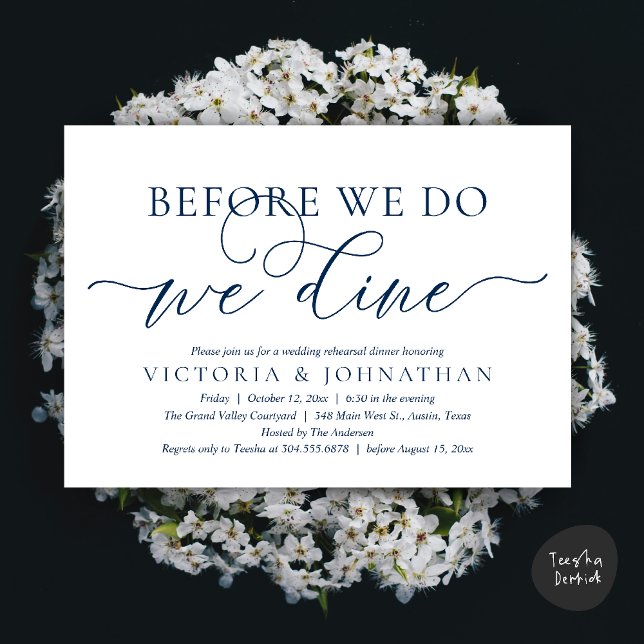 Before We Do, We Dine, Wedding Rehearsal Dinner Invitation (Before We Do, We Dine,  Wedding Rehearsal Dinner Party Classy Romantic Invites Card PDF Navy Blue)