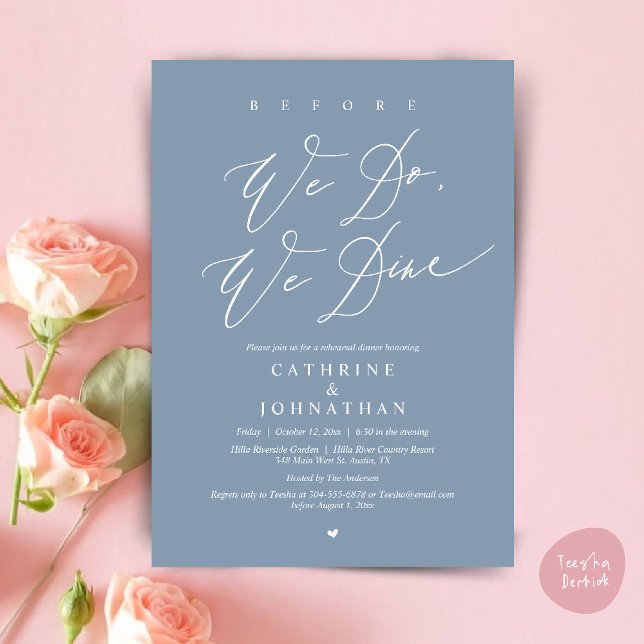 Before we do, we dine, Wedding Rehearsal Dinner Invitation (Before we do, we dine, Modern Wedding Rehearsal Romantic Dinner Invitation Card PDF Dusty Blue)