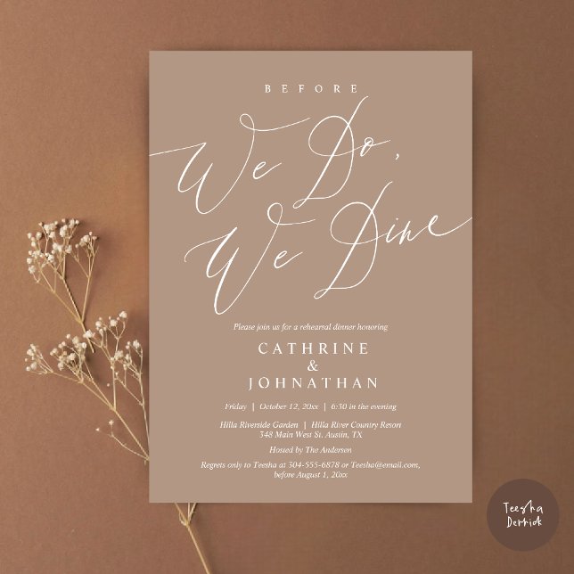 Before we do, we dine, Wedding Rehearsal Dinner Invitation (Before we do, we dine, modern romantic wedding rehearsal dinner invitation card, pdf, in taupe)