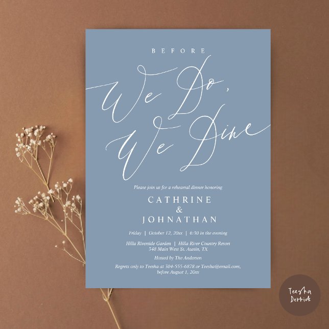 Before we do, we dine, Wedding Rehearsal Dinner Invitation (Before we do, we dine, modern romantic wedding rehearsal dinner invitation card, pdf, in dusty blue)