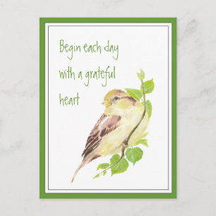 Begin Each Day with Grateful Heart Quote  Sparrow Postcard