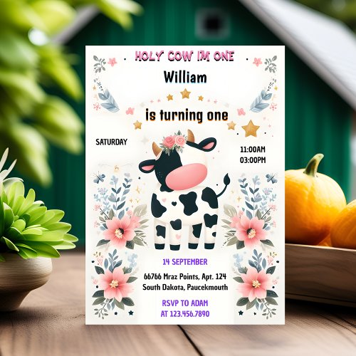 Begin Farm Cute Floral Pink Holy Cow 1st Birthday Invitation