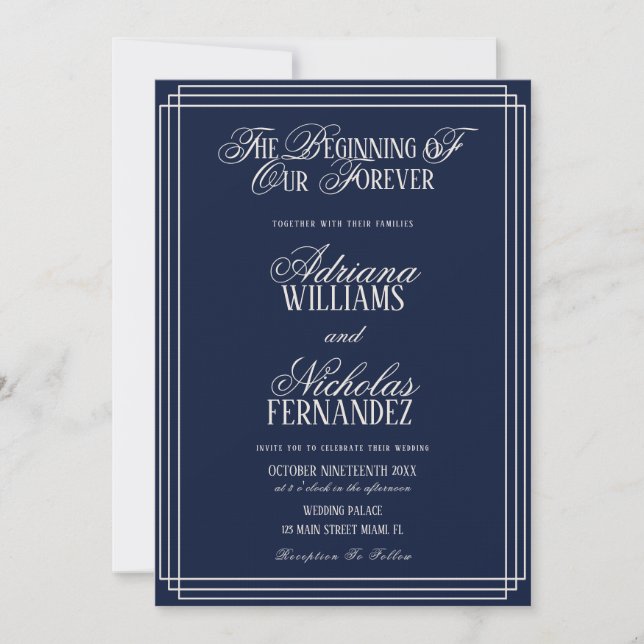 Beginning Of Our Forever Timeless Navy Wedding Invitation (Front)