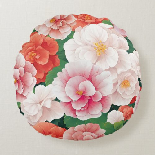 Begonia Flowers  Leaves Round Pillow