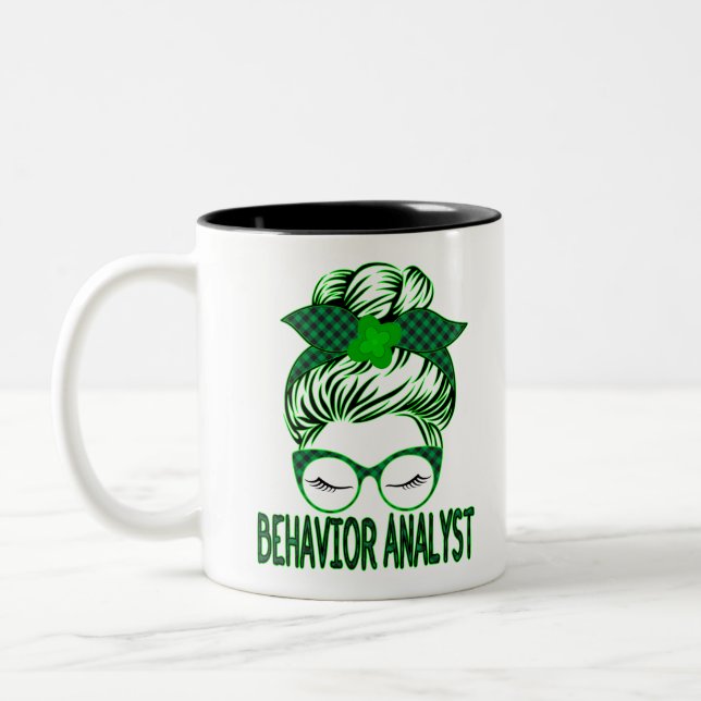Behavior Analyst BCBA Messy Bun St Patrick's Day Two-Tone Coffee Mug (Left)