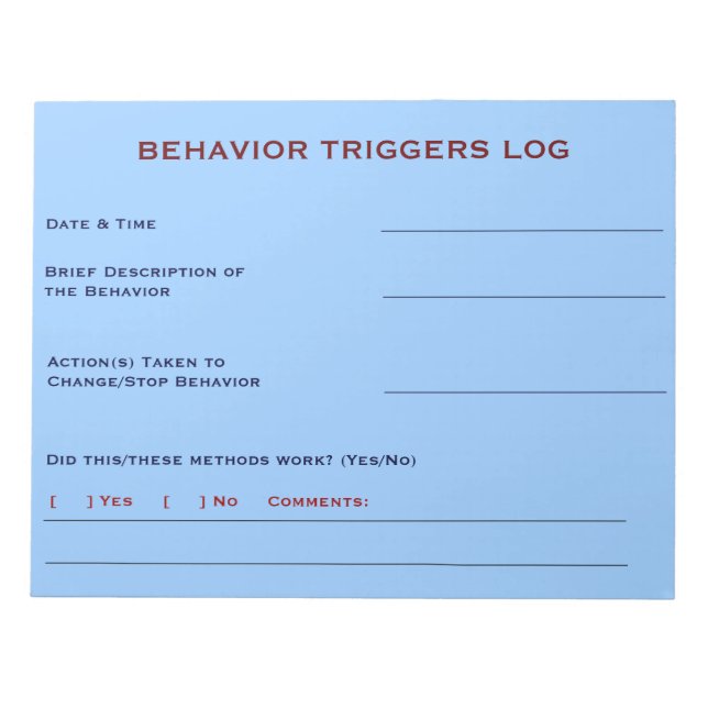 Behavior Triggers Log (Sky Blue) Notepad (Front)