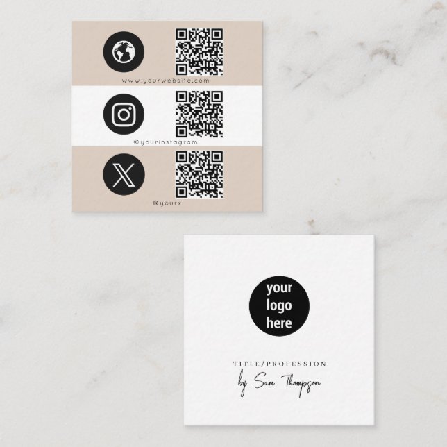 Beige 3 Icon QR Code Business Social Media Logo Calling Card (Front/Back)