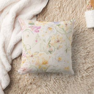 Beige Abstract Floral Patterned Square Throw Pillow