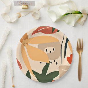 Beige Aesthetic tropical pattern Paper Plates