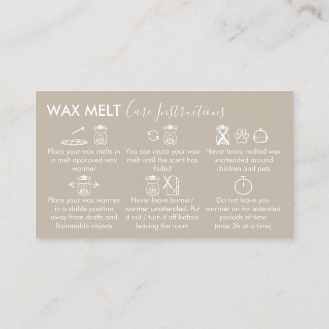 Beige Aftercare Instructions for Wax Melt Business Card
