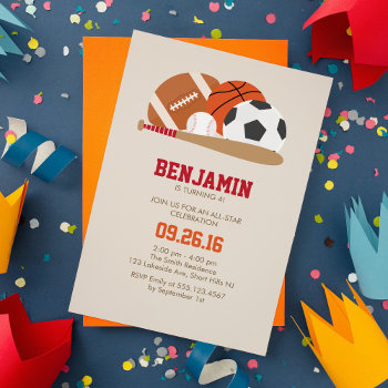 Beige All Star Sports Birthday Party Invitation by heartlocked at Zazzle