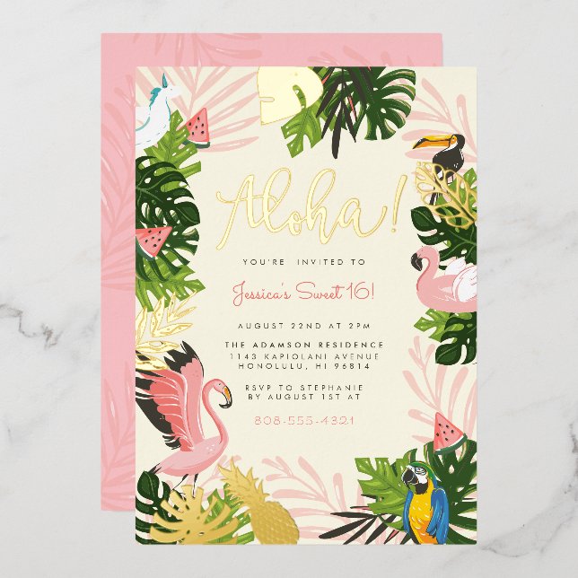 Beige | Aloha Hawaii Tropical Gold Birthday Party Foil Invitation (Front/Back)