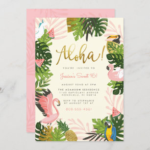 Beige Aloha Hawaii Tropical Gold Birthday Party Invitation