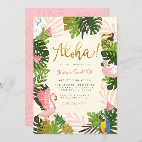 Beige  Aloha Hawaii Tropical Gold Birthday Party Invitation