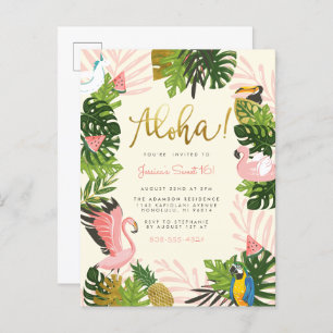 Beige Aloha Hawaii Tropical Gold Birthday Party Invitation Postcard