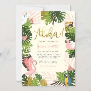 Beige   Aloha Hawaii Tropical Gold Birthday Party Magnetic Invitation