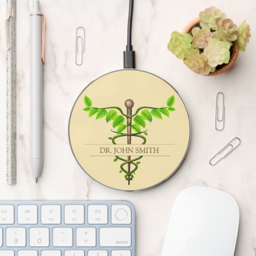 Beige Alternative Medical Caduceus Green Leaves Wireless Charger