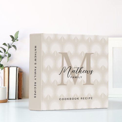 Beige Anahaw Leaf Script Monogram Kitchen Recipe 3 Ring Binder