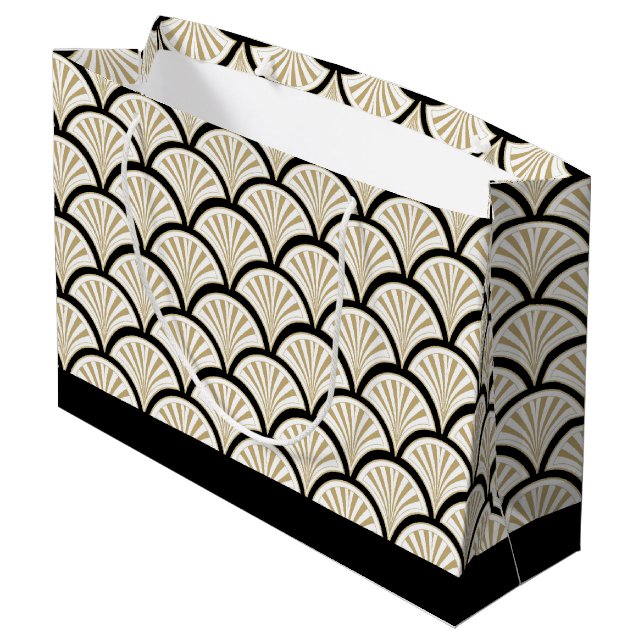 Beige and black art-deco abstract flowers pattern large gift bag (Back Angled)